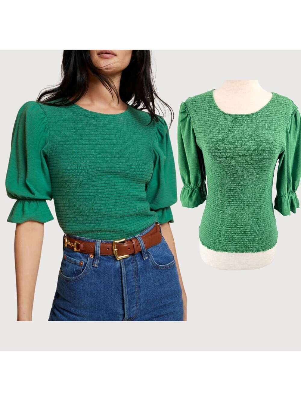 Nation LTD Bardot Smocked Puff Sleeve Pima Cotton Tee